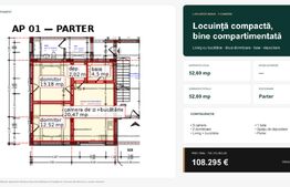 Apartament cu 3 camere, 52,69 mp, la parter 