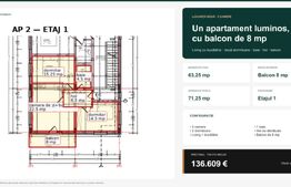 Apartament cu 3 camere și balcon de 8 mp, etajul 1