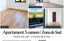 Apartament 3 camere, 64.50 mp + terasa, zona de Sud