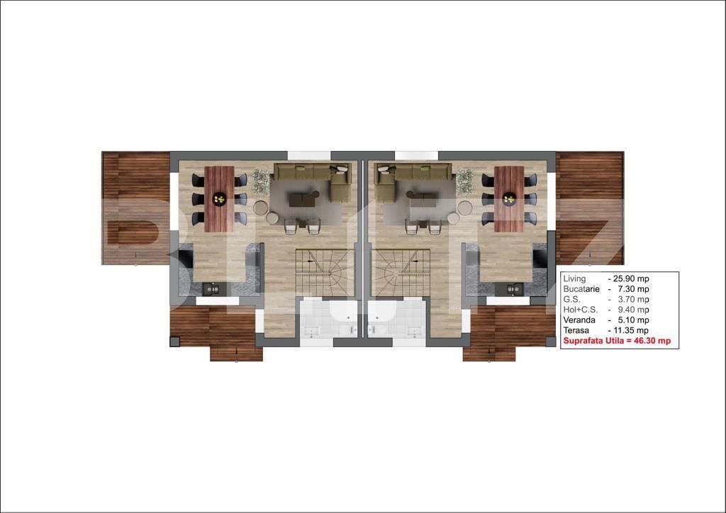 Ocazie! Duplex cu 3 dormitoare Cernica, zona linistita, living generos de 32mp, 2 bai, terasa si balcon, 