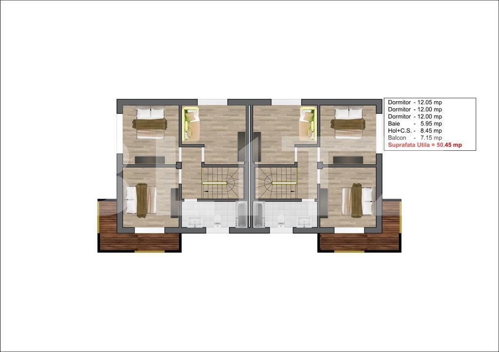 Ocazie! Duplex cu 3 dormitoare Cernica, zona linistita, living generos de 32mp, 2 bai, terasa si balcon, 