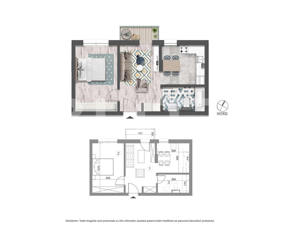 Vanzare apartament de 2 camere, 41.40 mp utili, balcon!