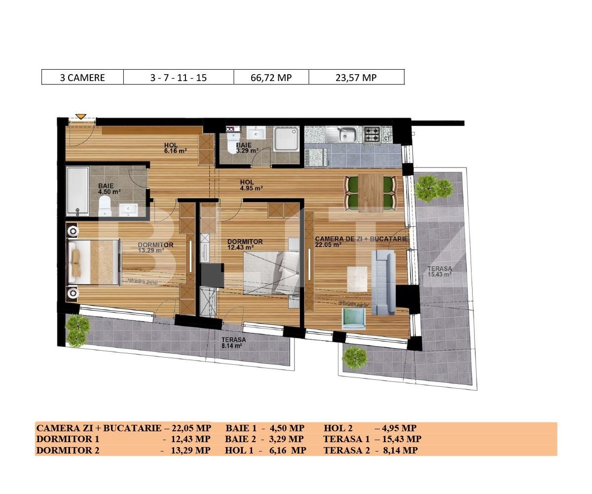 Apartament 3 camere cu terasa, 66.72 mp, zona Vitan 