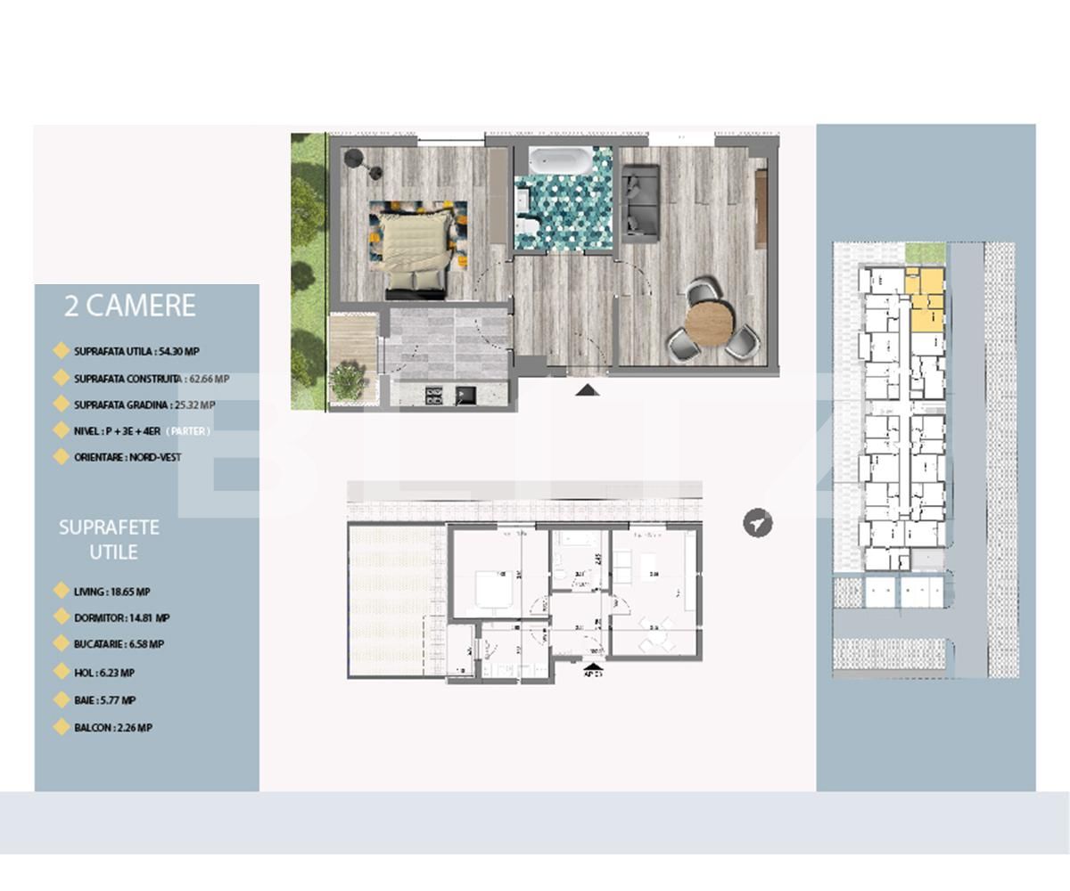 Apartament de 2 camere, 54.30 mp, gradina de 25.32 mp