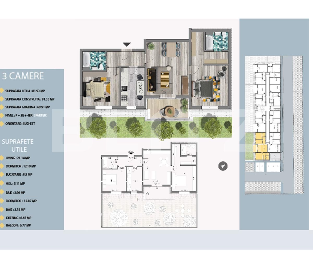 Apartament de 3 camere, 81.93 mp, GRADINA de 69.91 mp