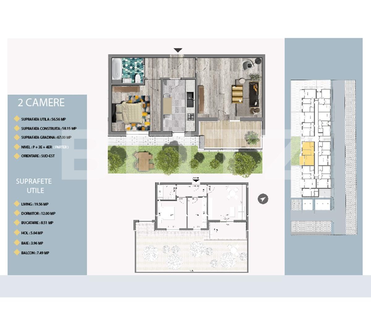 Apartament de 2 camere, 56.56 mp, gradina de 67 mp