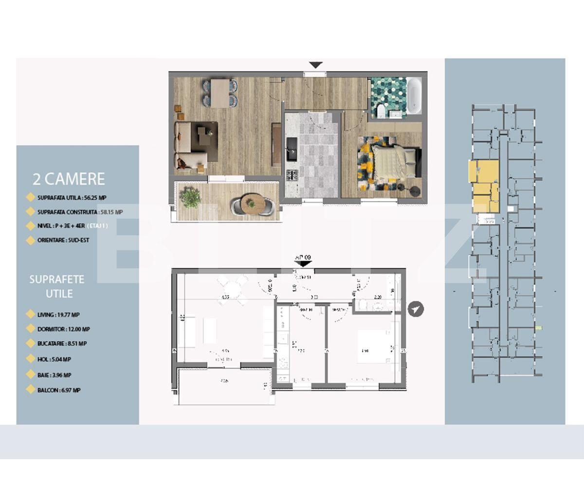 Apartament de 2 camere, 56.25 mp utili, balcon! Optional parcare!
