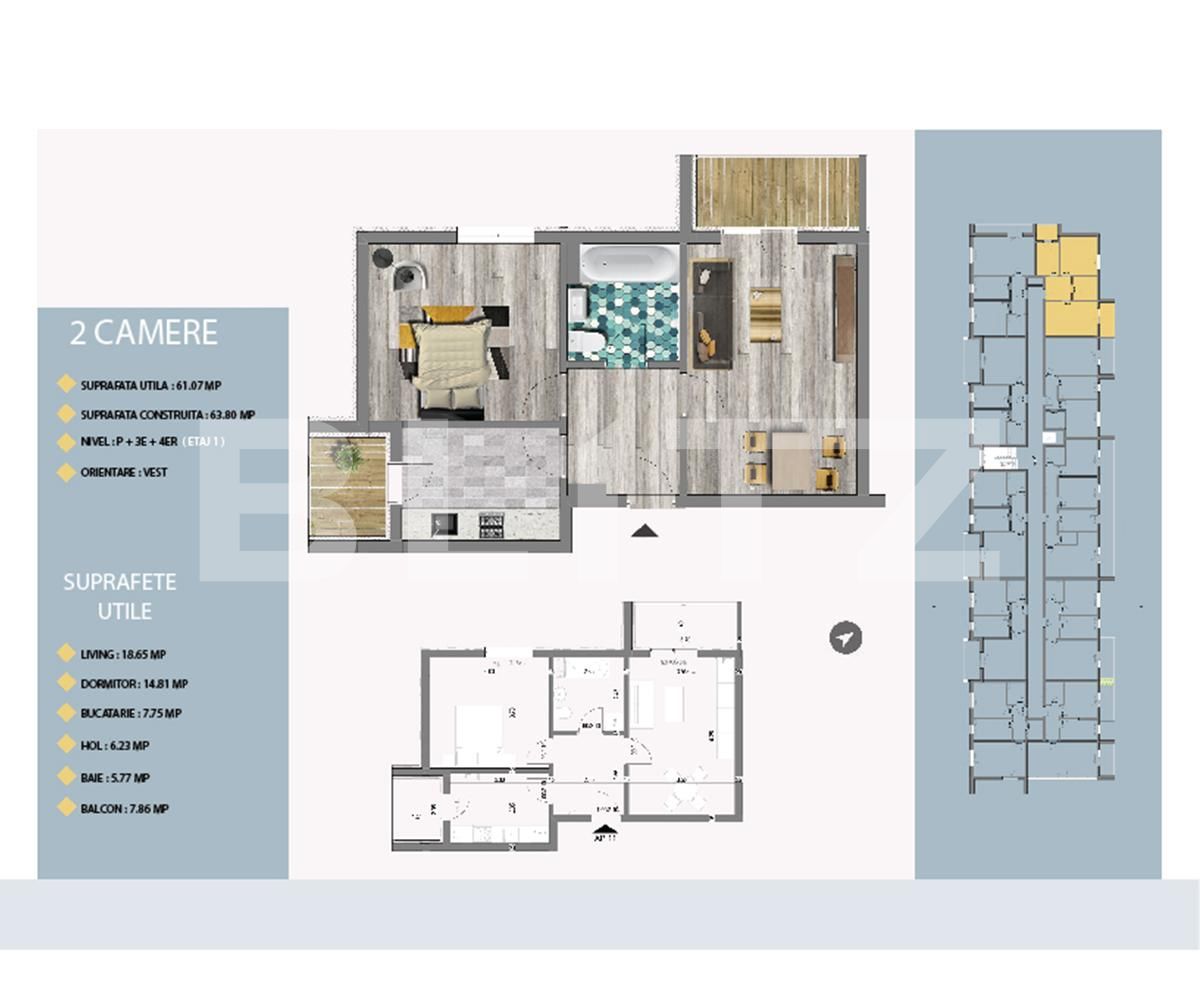 Apartament spatios de 2 camere, 61.07 mp utili, etajul 1!