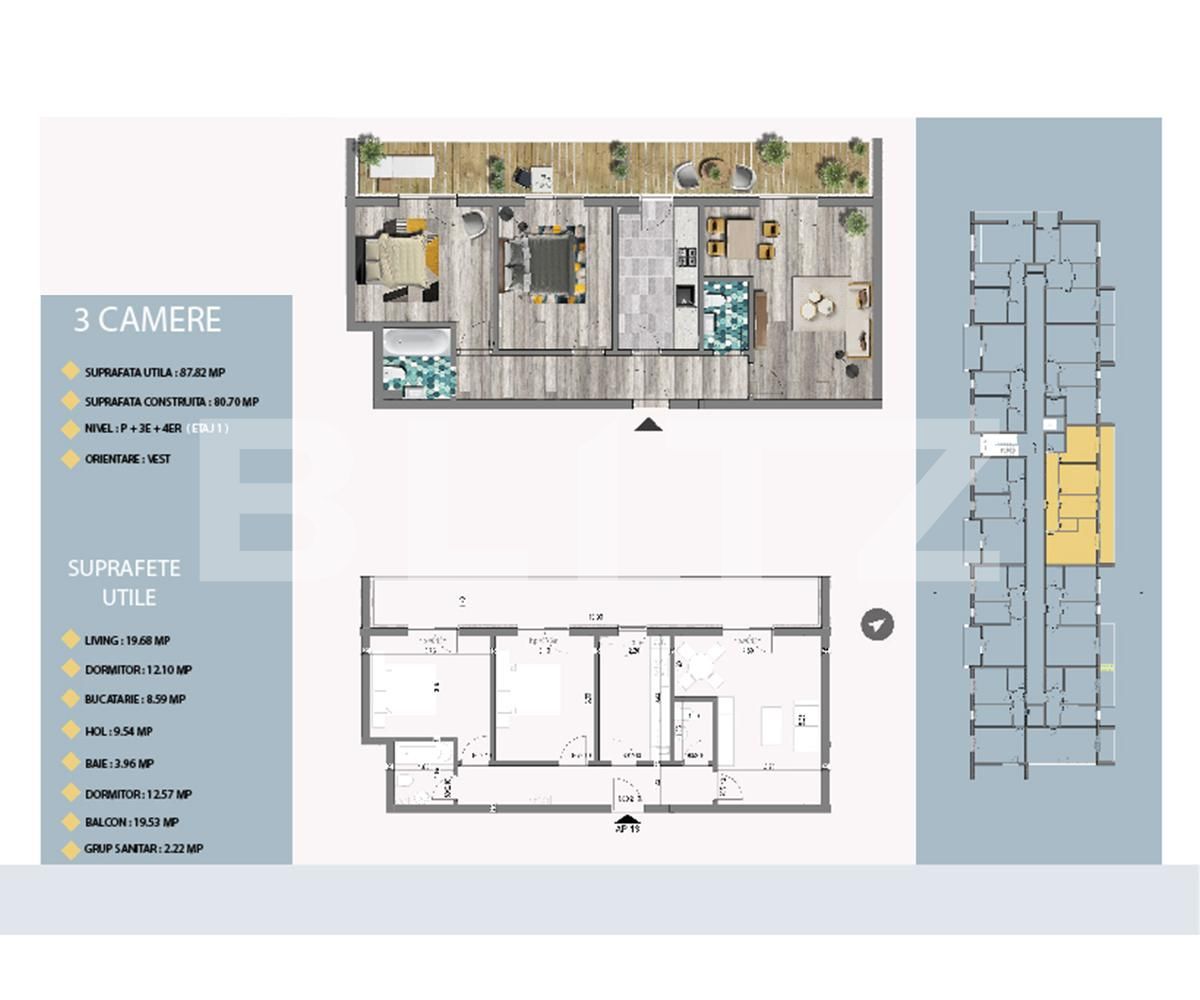Apartament 3 camere, 87.82 mp utili, balcon 19.53 mp, etaj 1!