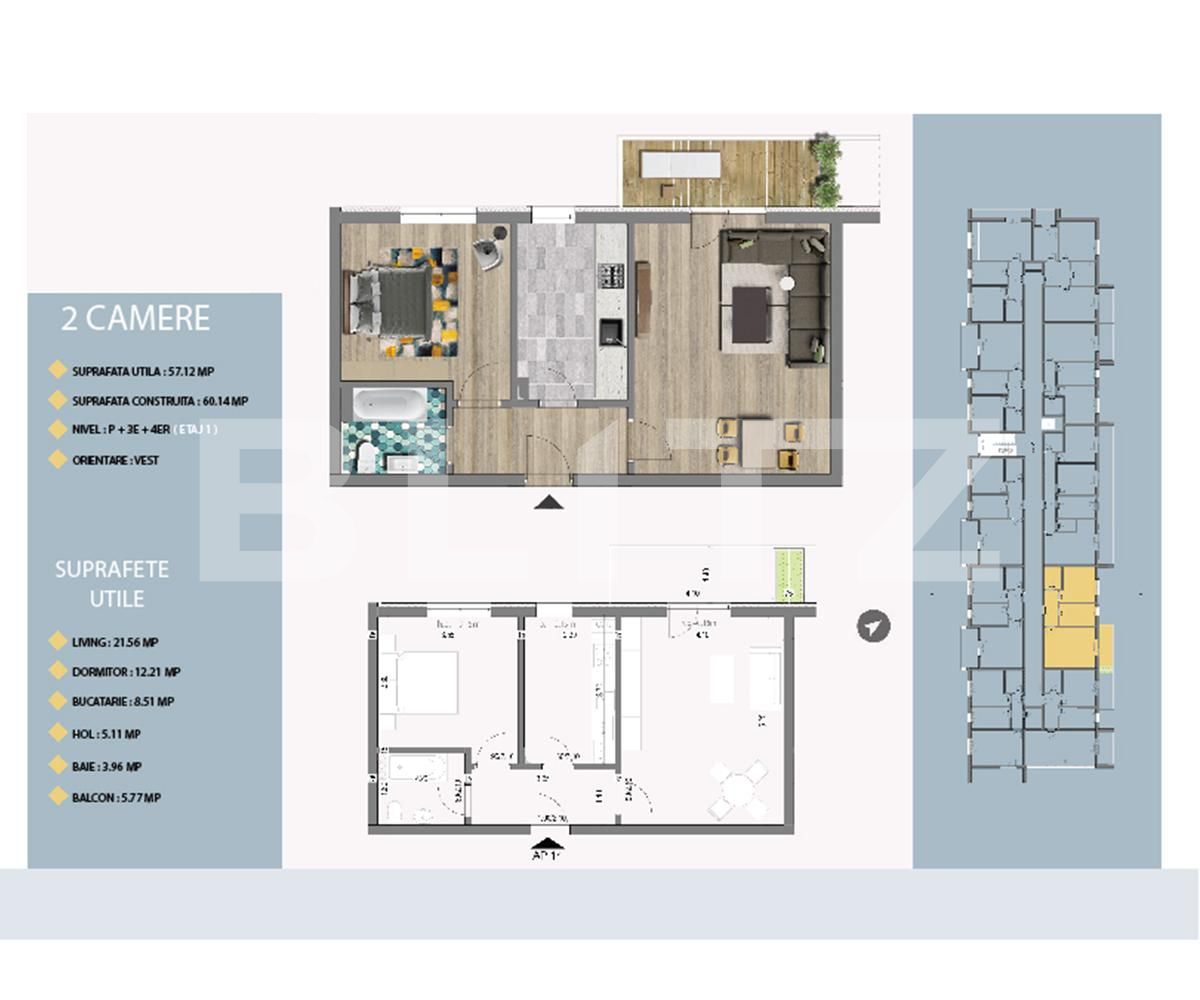Apartament de 2 camere, 57.12 mp, balcon 5.77 mp!