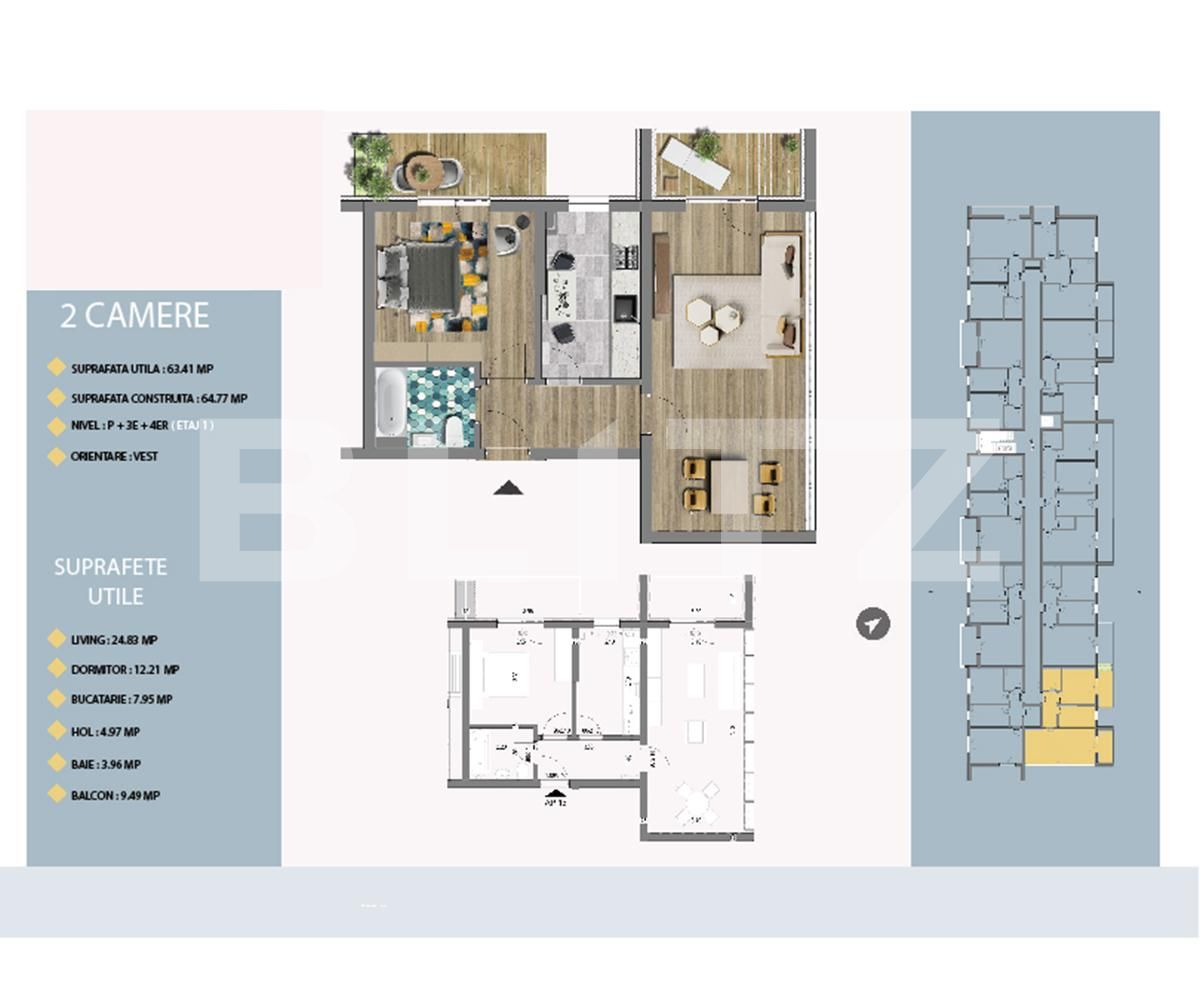 Apartament de 2 camere, 63.41 mp utili, balcon 9.49 mp! 
