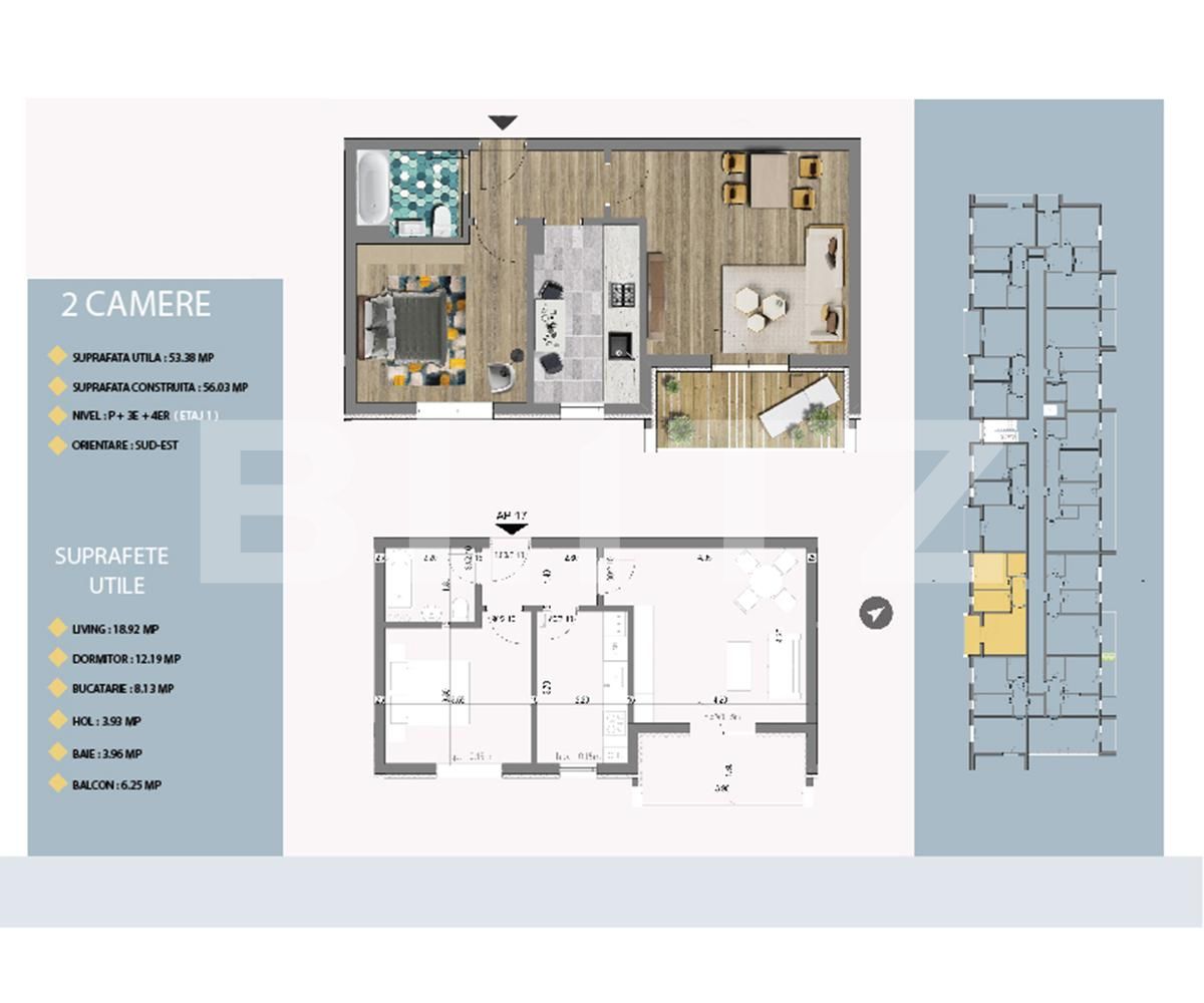 Apartament decomandat, 2 camere, 53.38 mp, balcon de 6.25 mp!