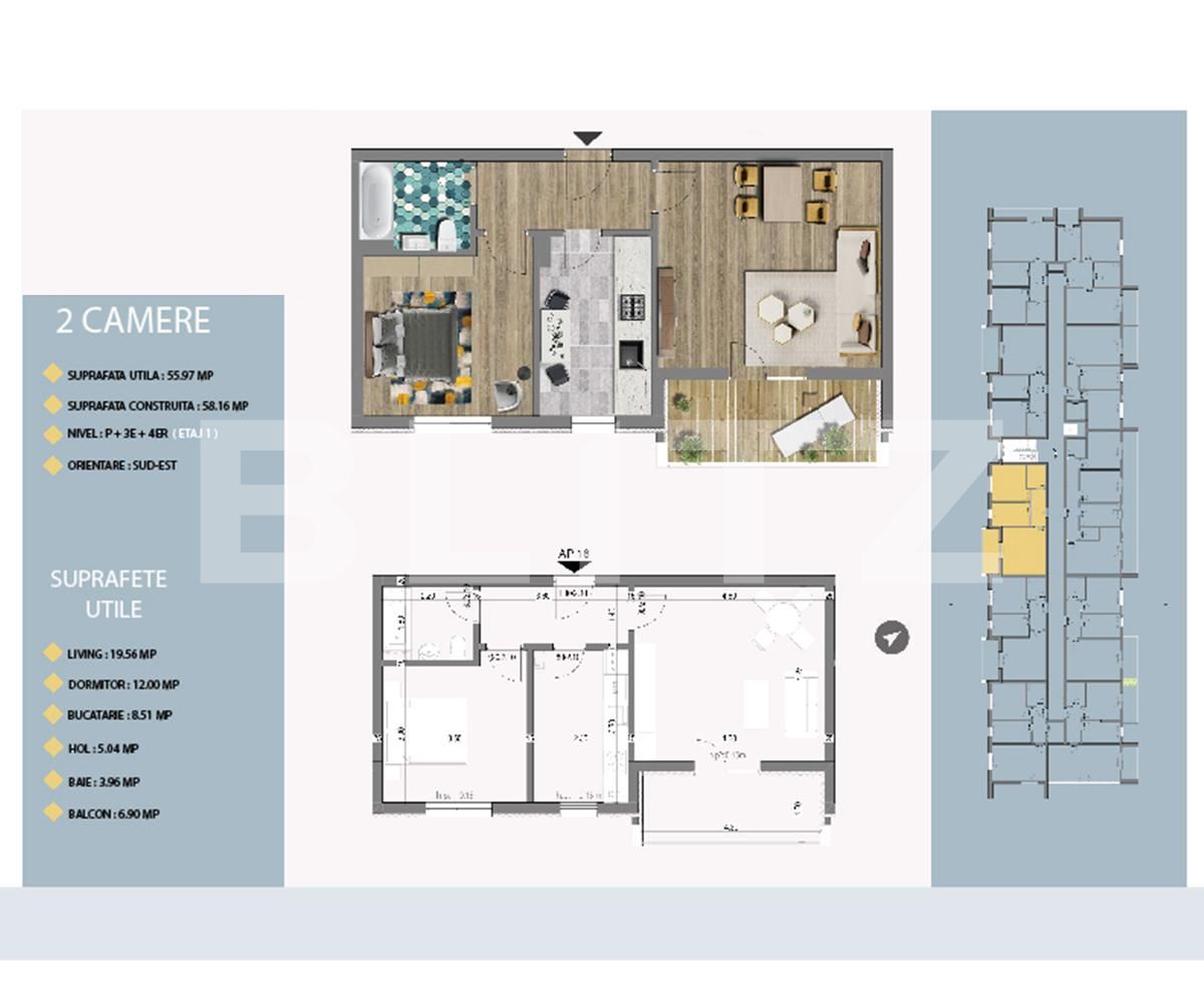 Apartament de 2 camere, 55.97 mp, balcon 6.90 mp, orientare Sud Est