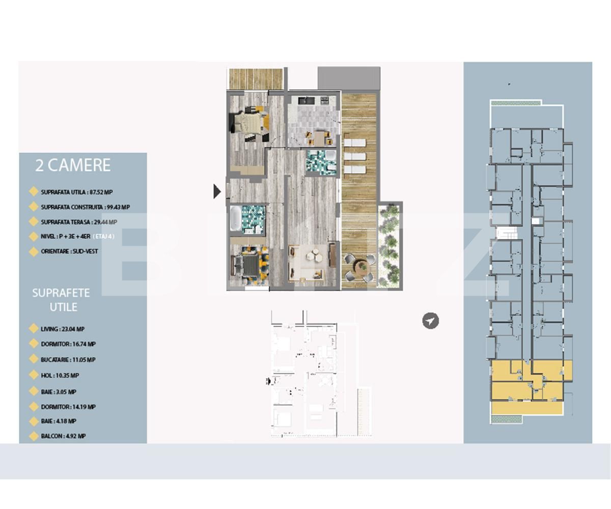 Apartament de 2 camere, 87.52 mp, balcon, terasa de 29.44 mp!