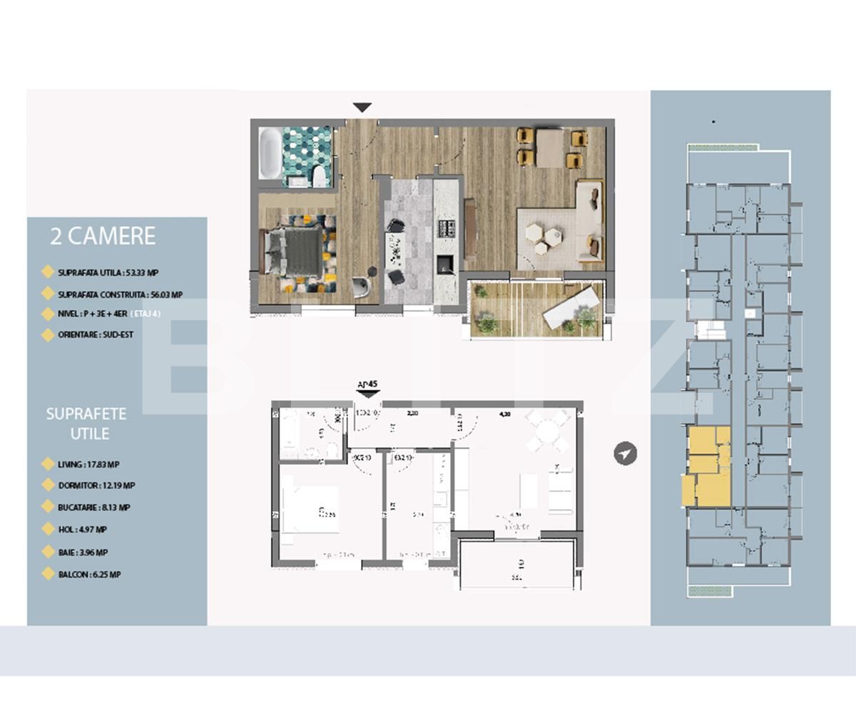 Apartament de 2 camere, 53.33 mp, balcon 6.25 mp, optional parcare!