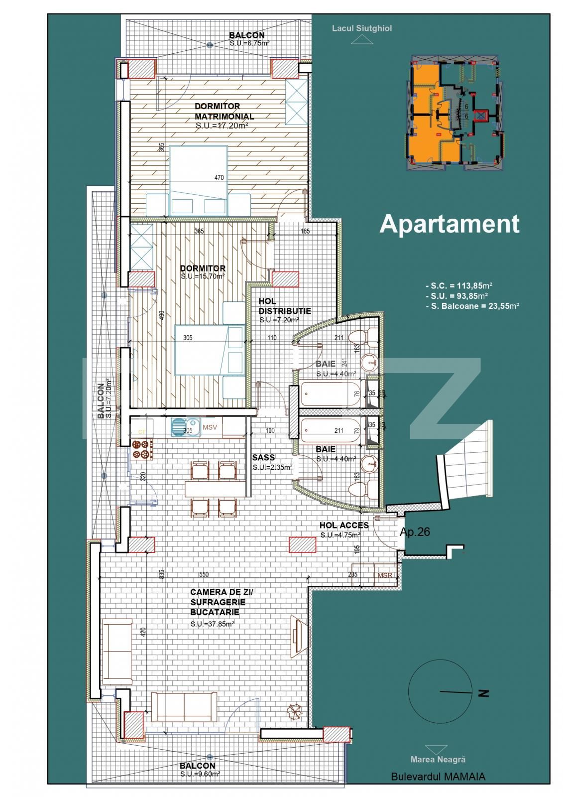Apartament 3 camere, vedere la mare si lac, 93.85 mp, zona Constanta statiunea Mamaia