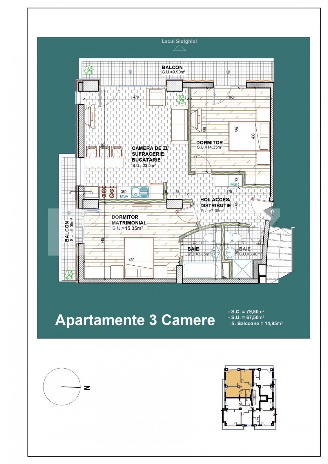 Apartament 3 camere, vedere la lac, 67.50 mp, zona Constanta statiunea Mamaia