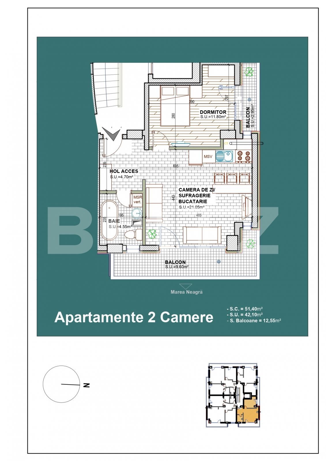 Apartament 2 camere, vedere la mare, 42.10 mp, zona Constanta statiunea Mamaia