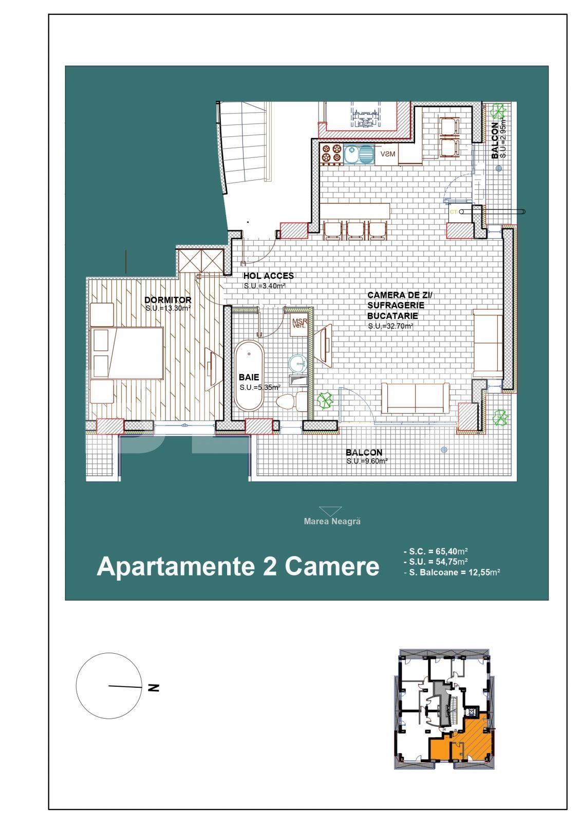 Apartament 2 camere, vedere la mare, 54.75 mp, zona Constanta statiunea Mamaia