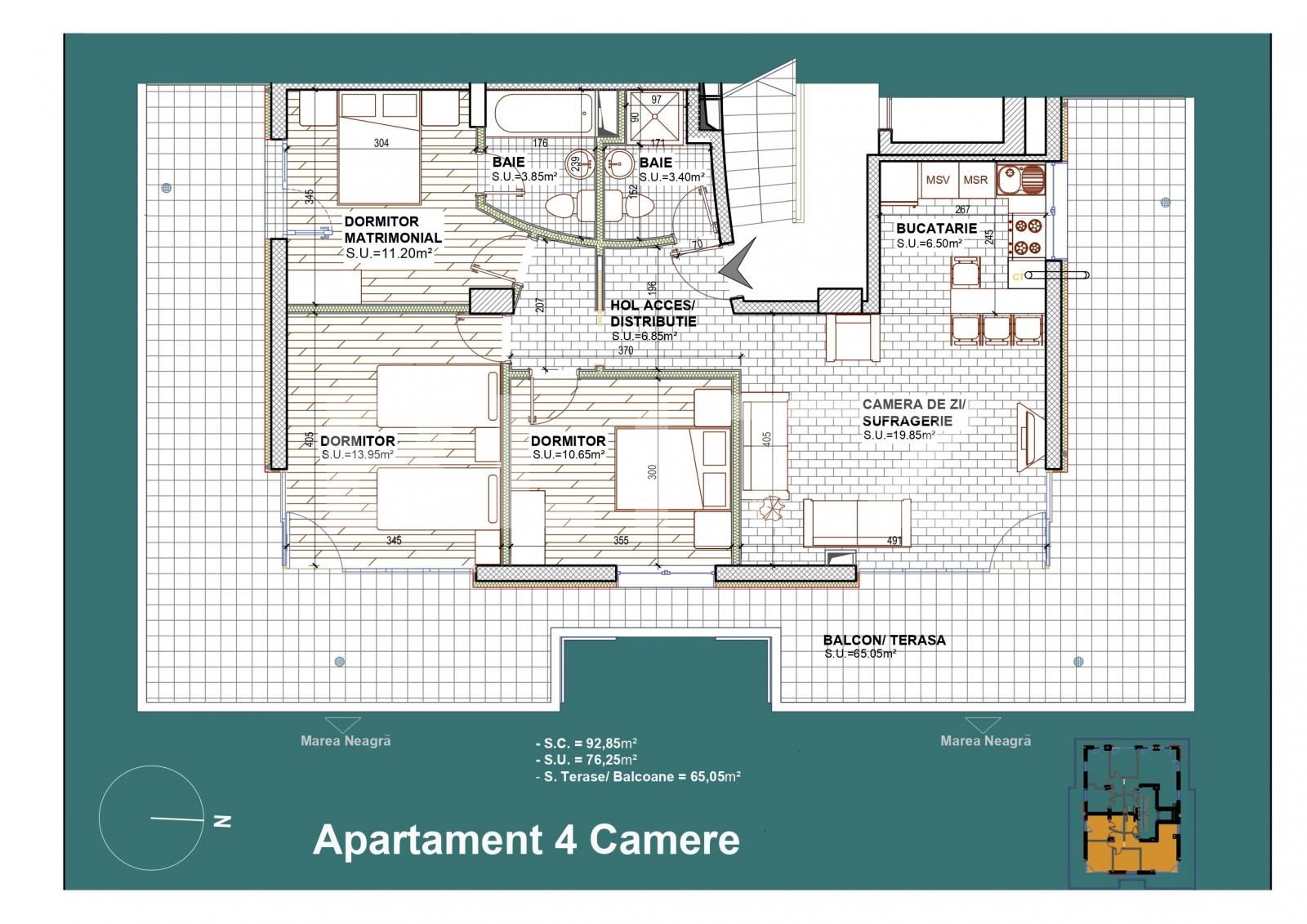Apartament 4 camere, vedere la mare, 76.25 mp, zona Constanta statiunea Mamaia