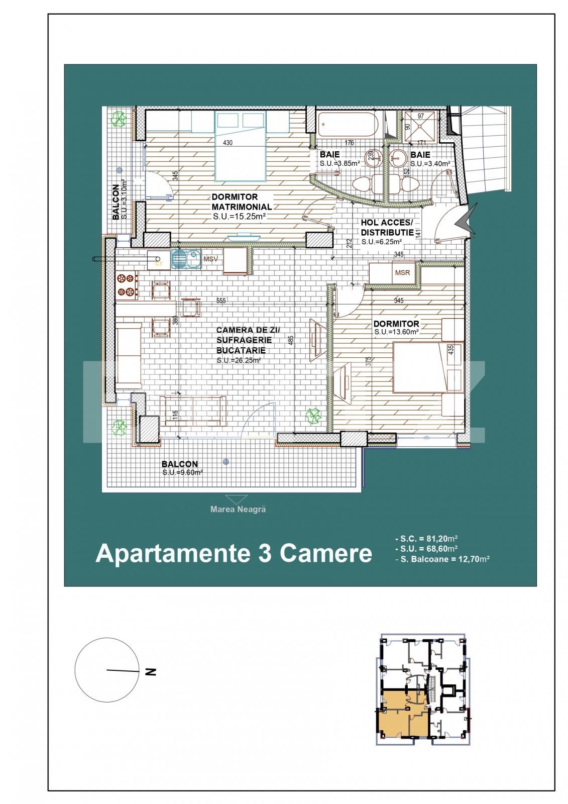 Apartament 3 camere vedere la mare, 68.60 mp, zona Constanta statiunea Mamaia