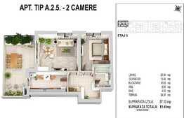 Apartament 2 camere 57.10 mp si terasa 24.35 mp, zona Militari