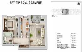 Apartament 2 camere 53.05 mp si balcon 4.60 mp, zona Militari