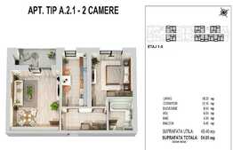 Apartament 2 camere 49.40 mp si balcon 5.45 mp, zona Militari