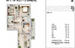 Apartament 3 camere, 75.10 mp si balcon 7.90 mp, zona Militari