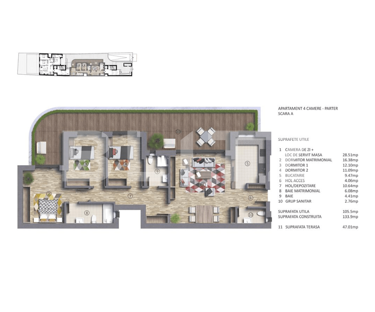 Apartament 4 camere, 105 mp, terasa, zona Polona