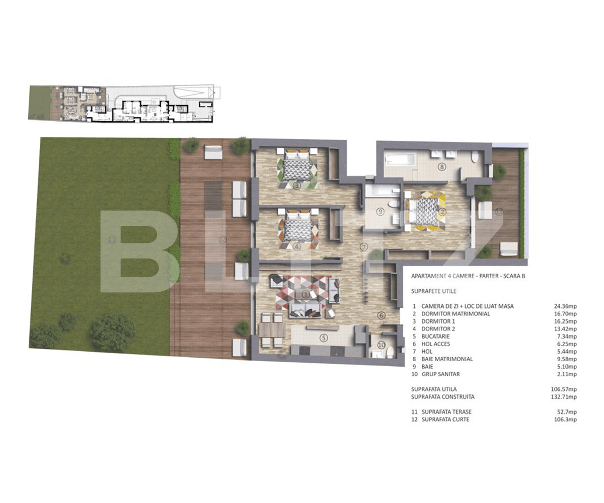 Apartament 4 camere, 106 mp, curte, terasa, zona Polona