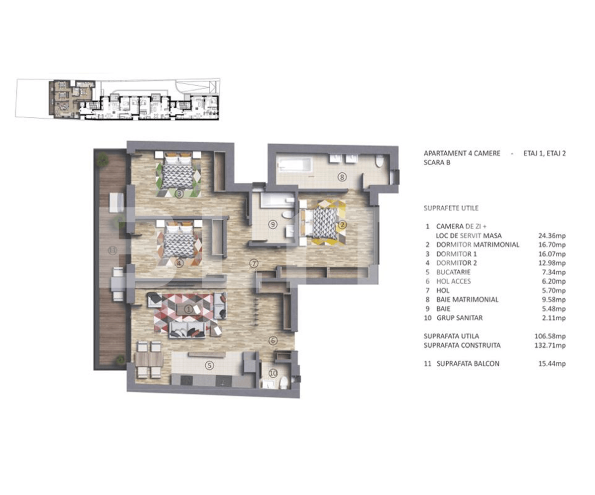Apartament 4 camere, 106 mp, balcon, zona Polona