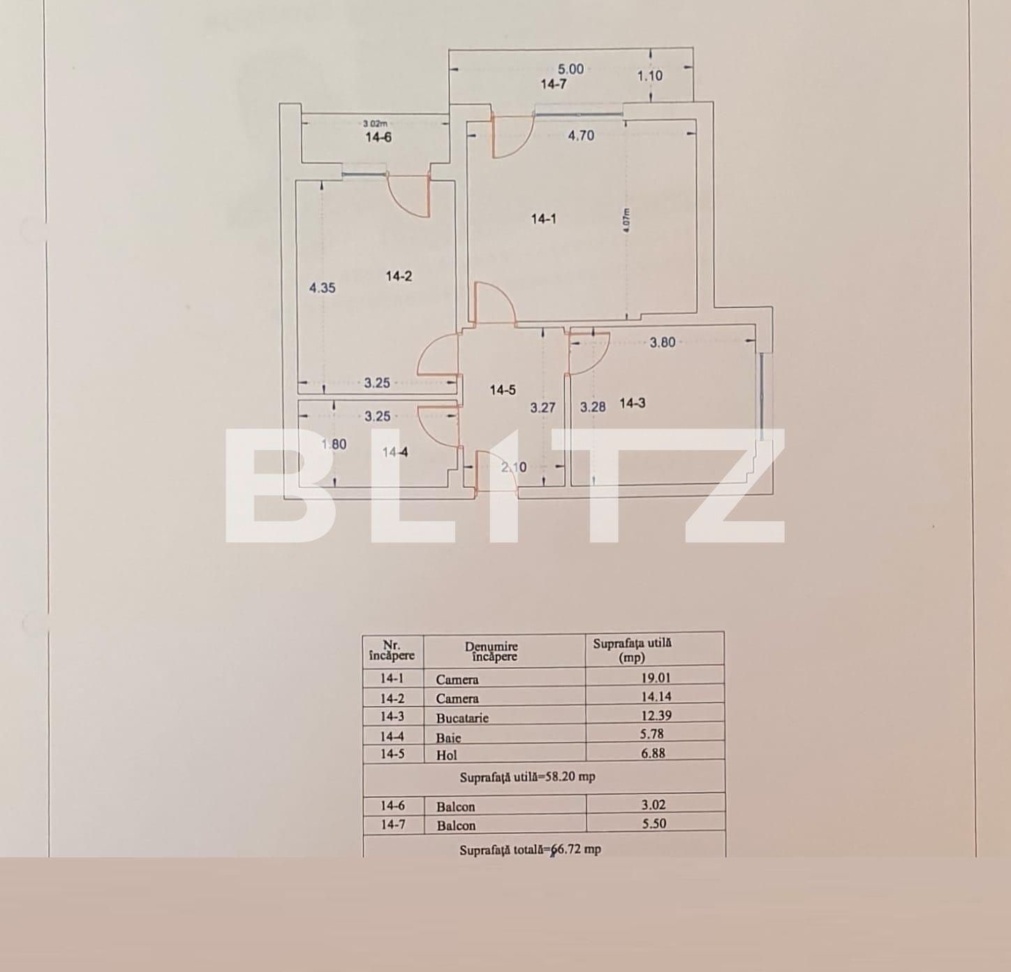 Apartament de 2 camere, la cheie, 58 mp, centrală proprie , parcare, 1 Decembrie