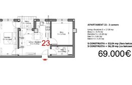 Apartament de 3 camere, 53 MP, in zona Tunari