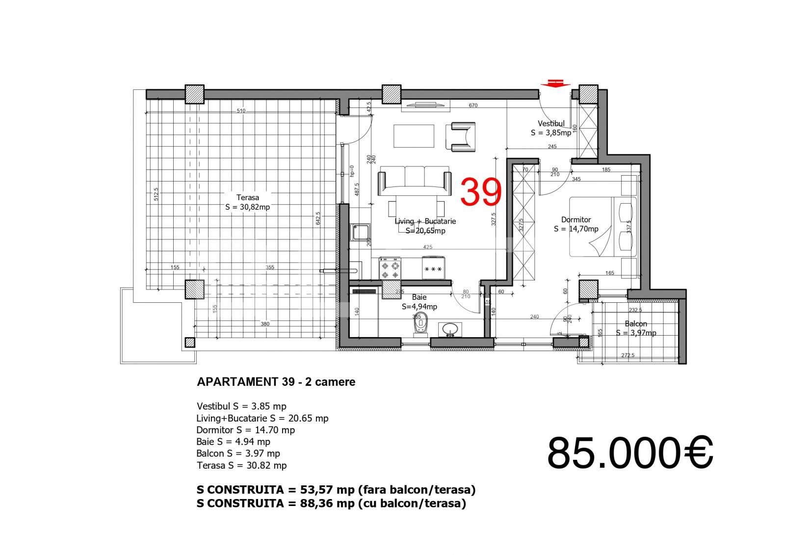 Apartament 2 camere, 54 mp, terasă 30 mp, zona Tunari