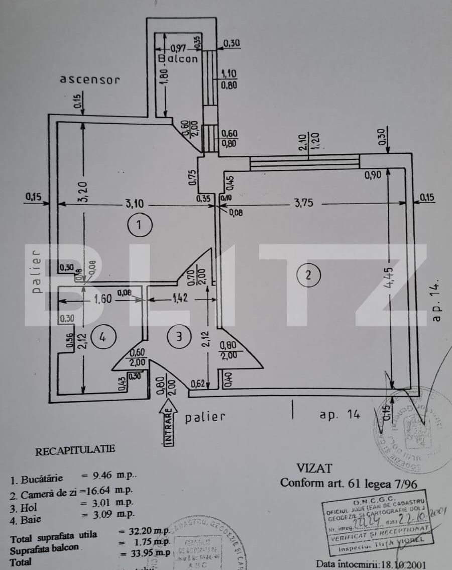 Garsoniera,Rovine, etaj intermediar cu suprafata totala de 33,95 mp din care 32,20 mp utili