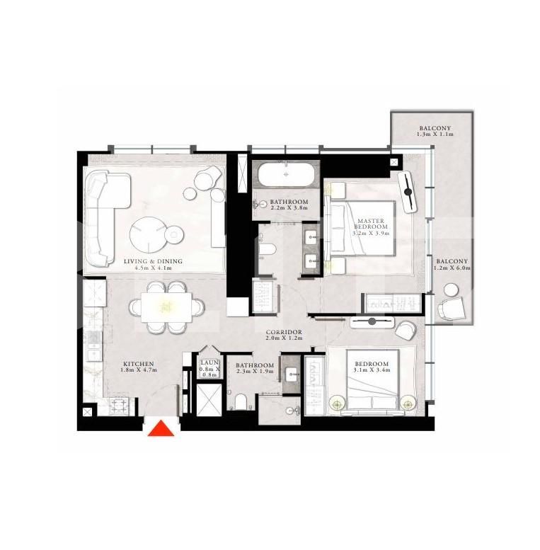 2 Bedroom Apartment, 106 mp, Tower 1