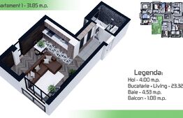 Apartament 1 camera, 31.85mp, Manta Rosie- Hlincea