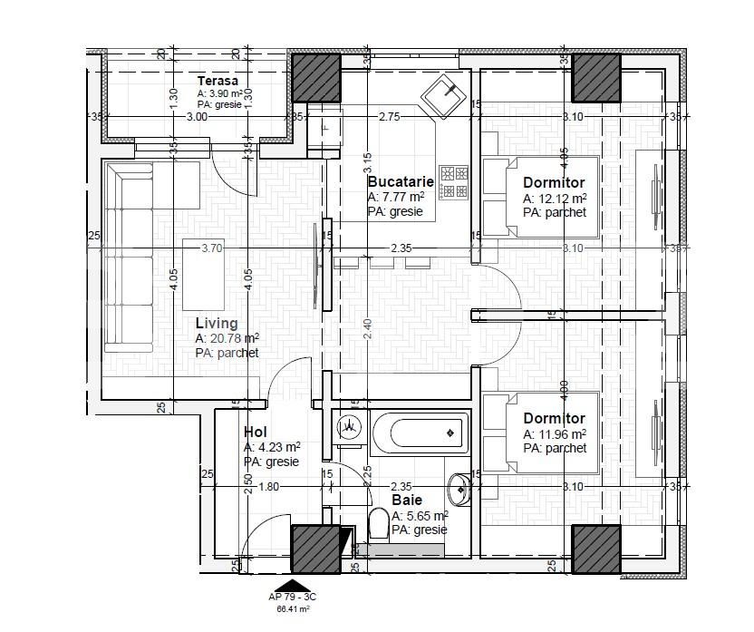 Apartament 3 camere, 66 mp, Aurel Vlaicu