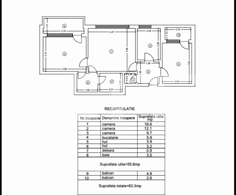 Apartament 3 camere, 63mp, zona Podu Ros