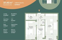 Apartament de 2 camere, decomandat, 64.6mp, etaj intermediar, zona Hlincea