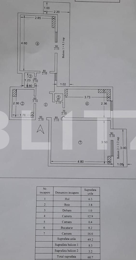 Apartament cu 2 camere, 60.7 mp, decomandat, etaj intermediar, zona linistita