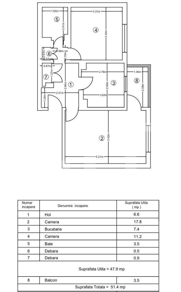 Apartament cu 2 camere, decomandat, 51.4 mp, zona Oancea