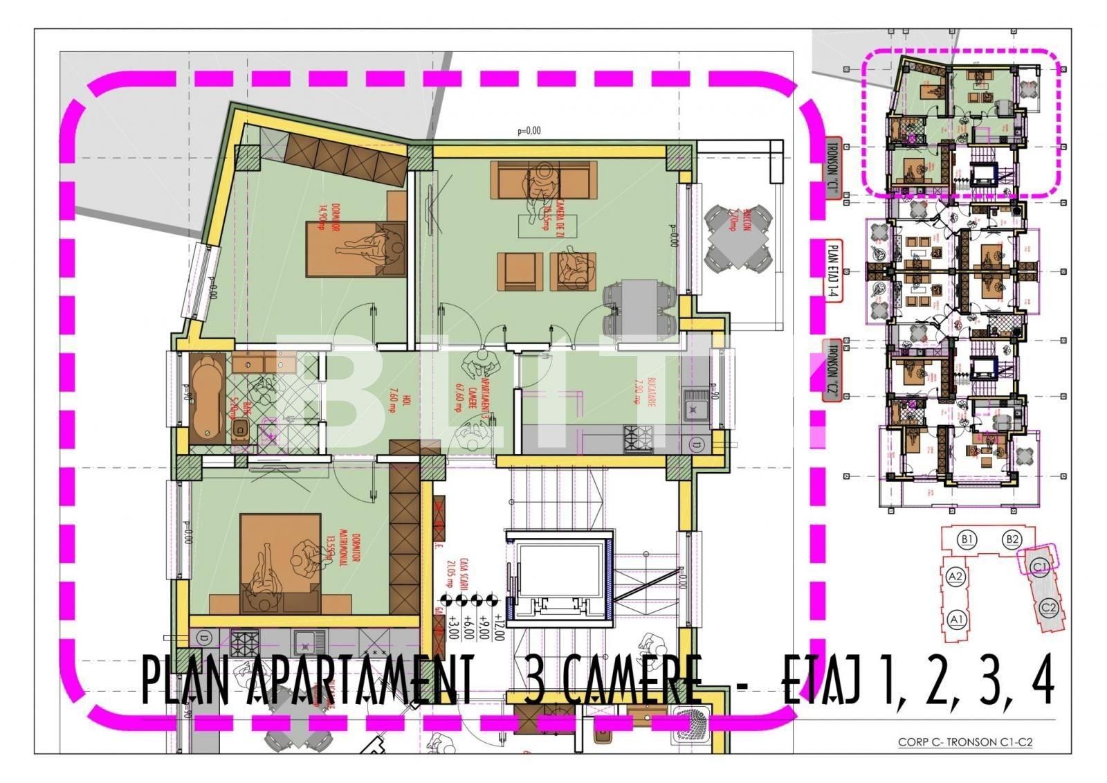 Apartament de 3 camere, decomandat, 67.70 mp utili, zona Pacurari