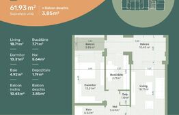 Apartament de 2 camere, decomandat, 62mp, zona Hlincea