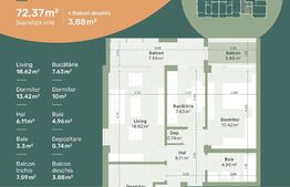 Apartament de 3 camere, decomandat, 2 bai, 76mp, 1 loc de parcare, zona Hlincea