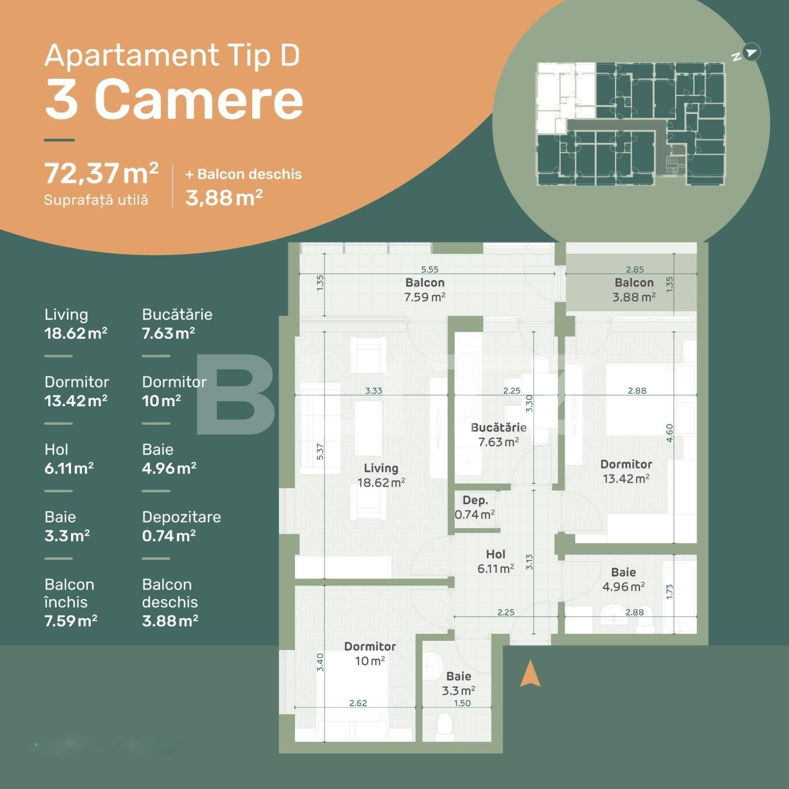 Apartament de 3 camere, decomandat, 2 bai, 76mp, 1 loc de parcare, zona Hlincea