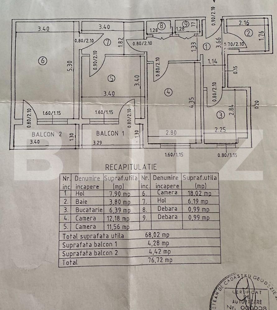 Apartament 3 camere, decomandat, 77mp, zona Dacia