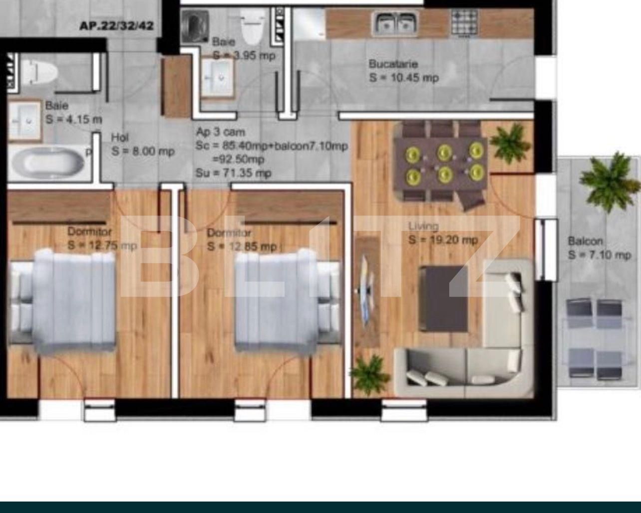 Apartament 3 camere, decomandat, 71mp+7mp balcon, Zona Cartier Albert 