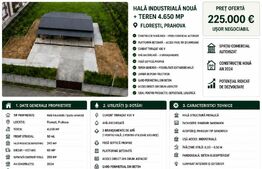 Hală  de vanzare2024, 300 mp, teren intravilan 4.650 mp –Florești, Prahova